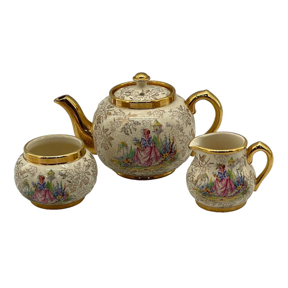 Sudlows Burslem Floral Tea Set Gold Trim Teapot Sugar Bowl Creamer England Made - Picture 1 of 16